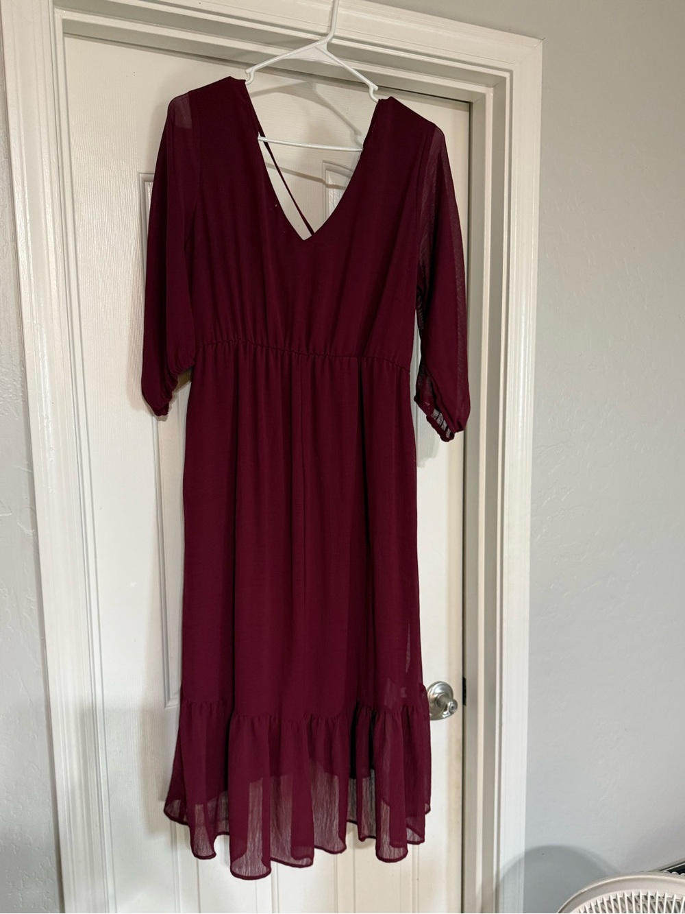 $8 Women's Burgundy Midi Dress with Crochet Waist$8 WHEN BUNDLED WITH 3 OR MORE - Picture 9 of 10